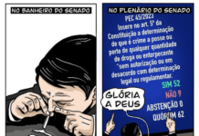 O RALHO do BRUNO >O Plenário do Senado aprovou nesta terça-feira (16), em dois turnos de votação, a PEC sobre drogas. A PEC 45/2023 insere no art. 5º da Constituição a determinação de que é crime a posse ou porte de qualquer quantidade de droga ou entorpecente “sem autorização ou em desacordo com determinação legal ou regulamentar”. A proposta de emenda à Constituição é de autoria do senador Rodrigo Pacheco (PSD-MG), presidente do Senado.
